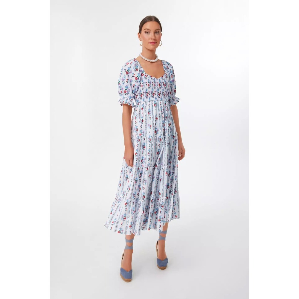 Pink City Prints Cindy Alpine Mix Blue Red Floral Smocked Tiered Midi Large‎